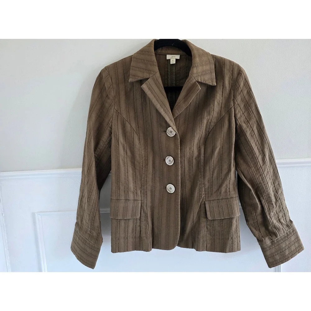 J. Jill Brown Pinstripe Textured Blazer Jacket Size 6 Button‎ Front Workwear